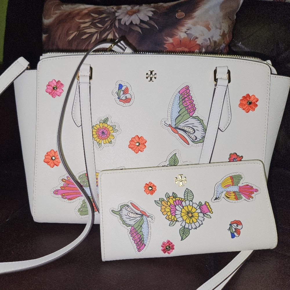 Tory Burch White Floral and Butterfly Satchel Set